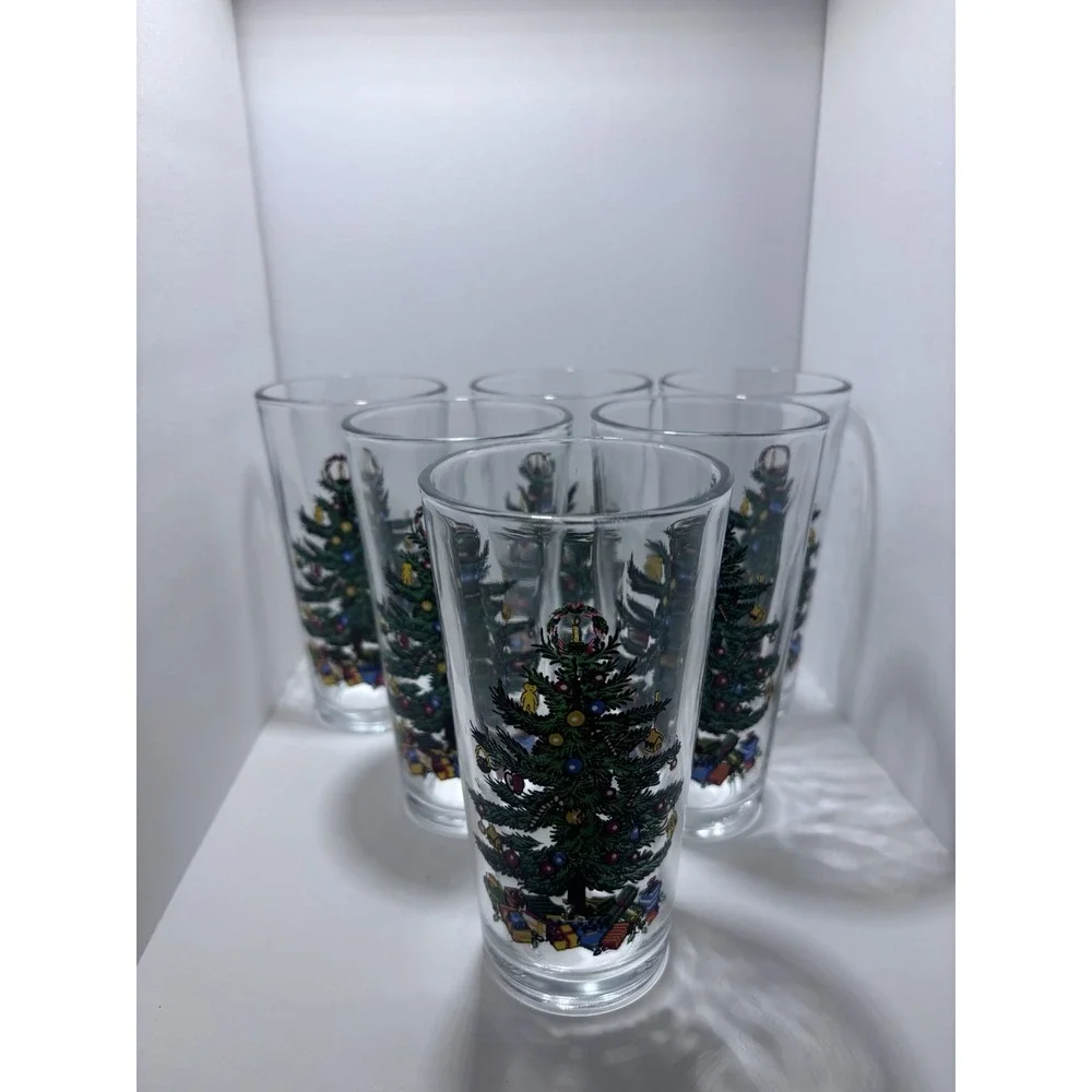 6pc Set Of Babcock Home Furnishing 16oz Holiday Christmas Tree Glass Tumblers